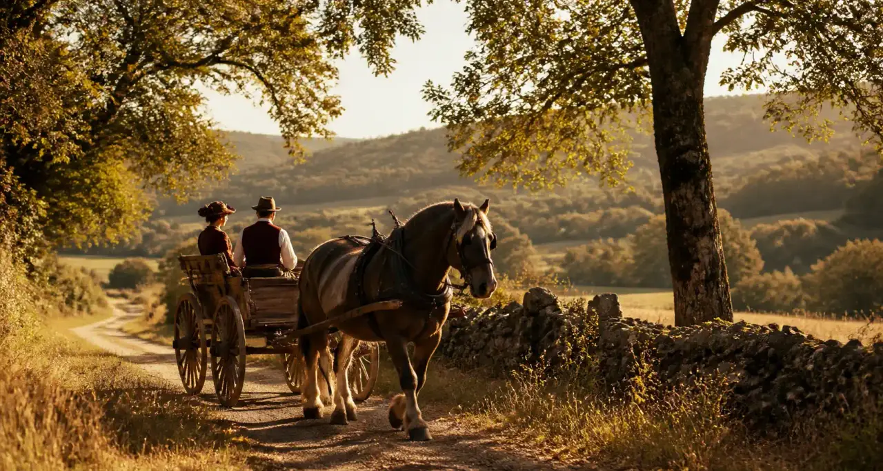 Calèche tirée par un cheval sur un chemin de campagne en Corrèze dans la lumière dorée du soir