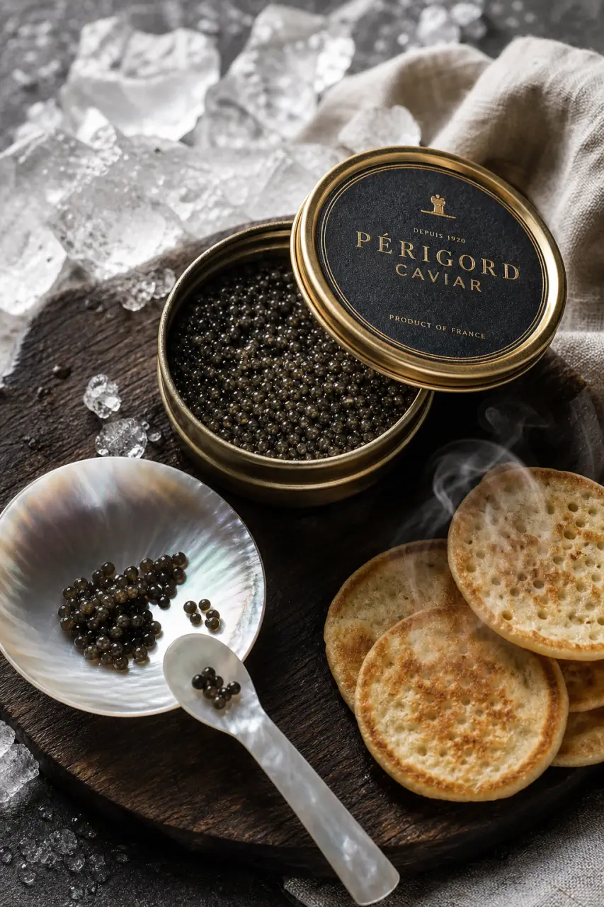 Caviar perigord noir : grains frais en boîte ouverte et blinis