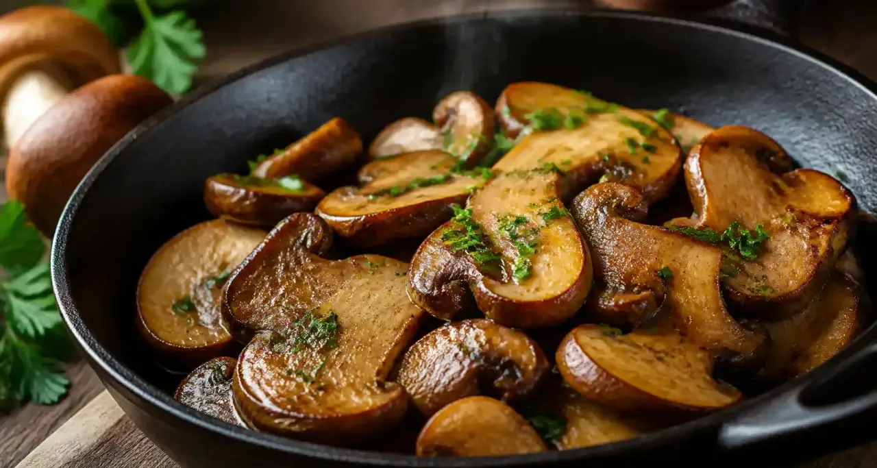 Cèpes poêlés au beurre persillé dans une cuisine rustique
