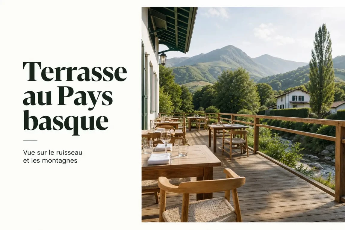 Terrasse ombragée du restaurant Le Cayolar à Mendive dans les Pyrénées-Atlantiques