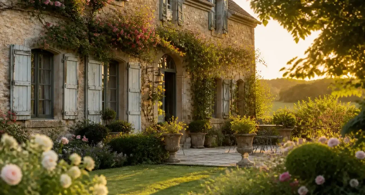 Façade en pierre d'un hôtel de charme corrézien et jardin fleuri