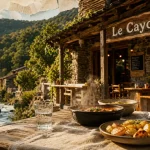 Restaurant le cayolar à Mendive, table rustique et façade en pierre