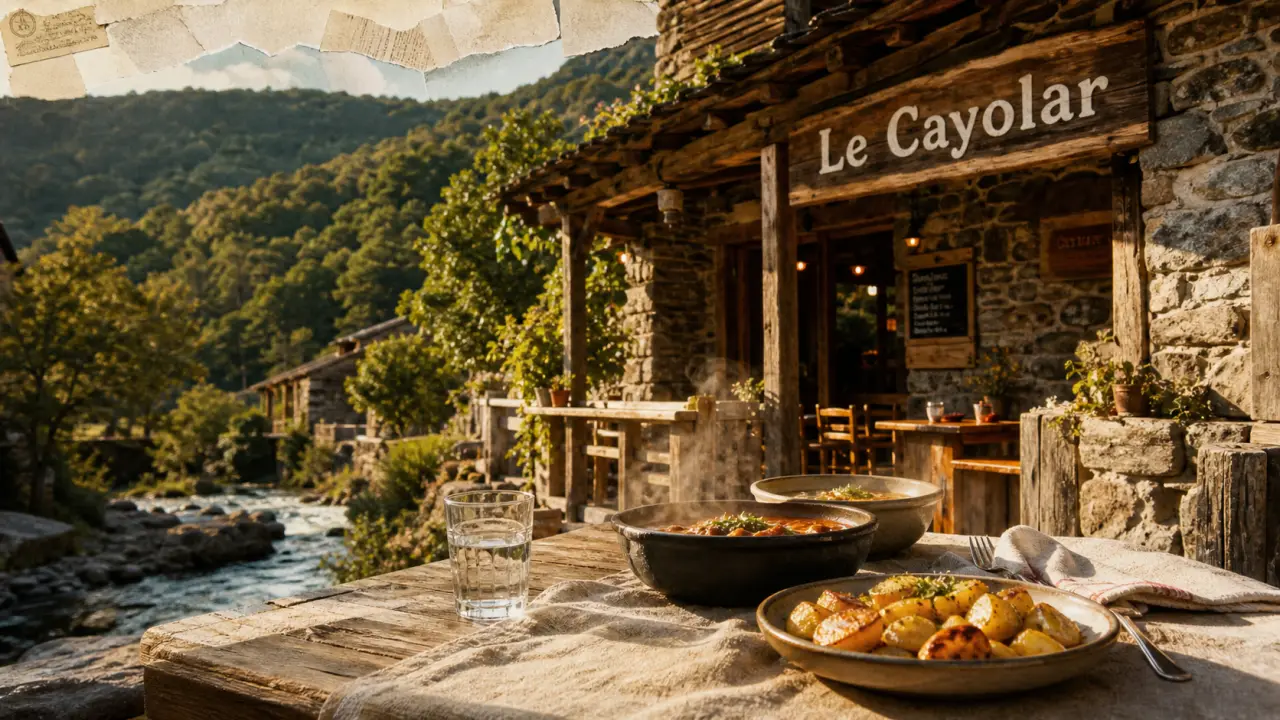 Restaurant le cayolar à Mendive, table rustique et façade en pierre