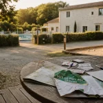 VVF villages sorges en périgord, terrasse bois à La Palue et piscine extérieure