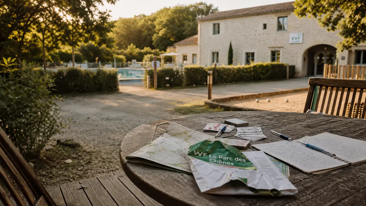 VVF villages sorges en périgord, terrasse bois à La Palue et piscine extérieure