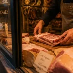 Boucherie forcalquier : boucher découpe de l’agneau devant la vitrine