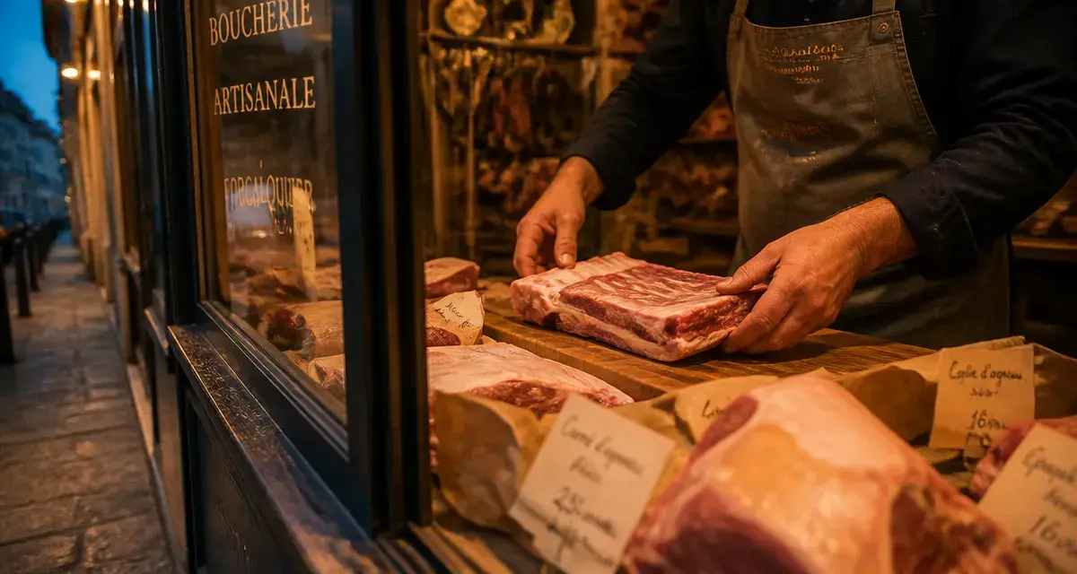 Boucherie forcalquier : boucher découpe de l’agneau devant la vitrine