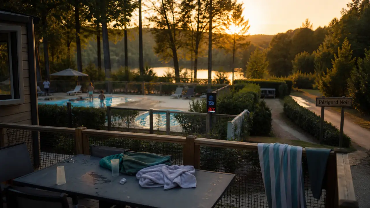 Camping campagne dordogne : terrasse bois et piscine chauffée au Périgord Noir