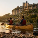Camping dordogne canoë : canoë sur la Dordogne au lever du soleil