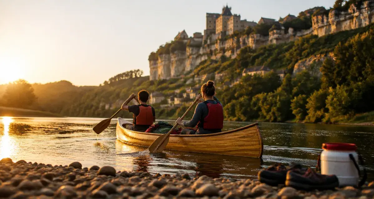 Camping dordogne canoë : canoë sur la Dordogne au lever du soleil
