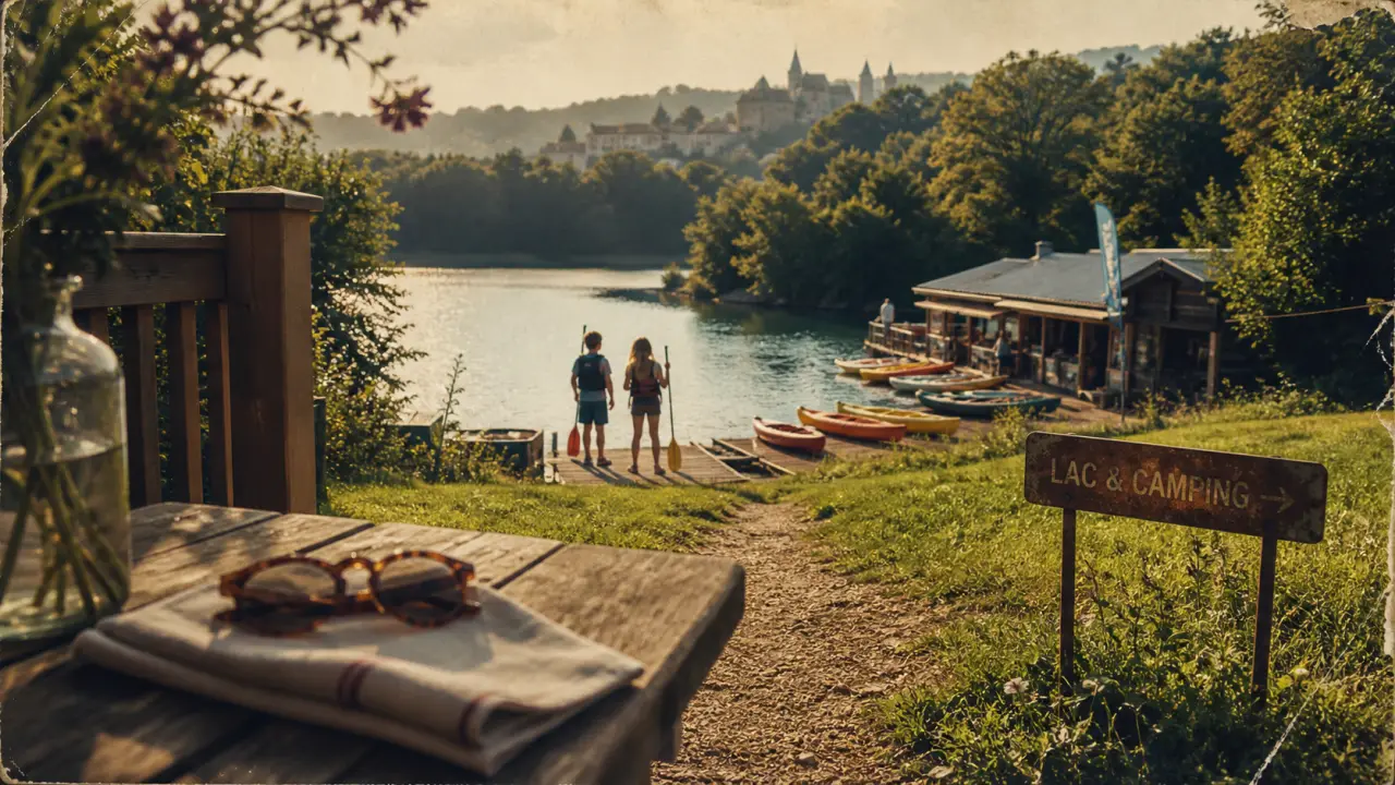 Camping dordogne lac : terrasse et sentier vers le lac