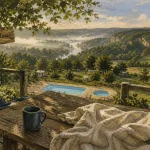 Camping la ferme du pelou Dordogne Périgord noir : terrasse, piscine et vue panoramique