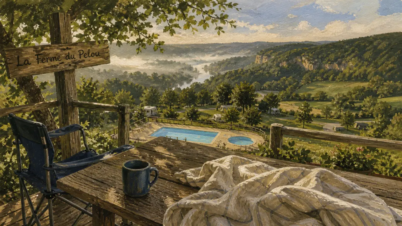 Camping la ferme du pelou Dordogne Périgord noir : terrasse, piscine et vue panoramique