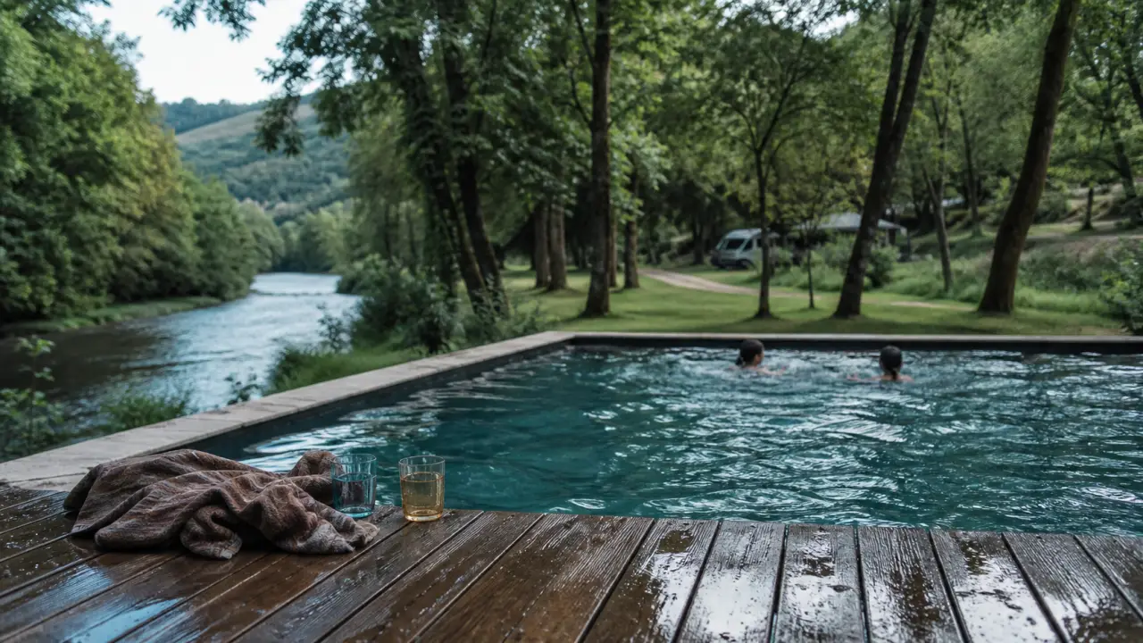 Camping les cascades dordogne : piscine chauffée au bord du Céou, terrasse et enfants