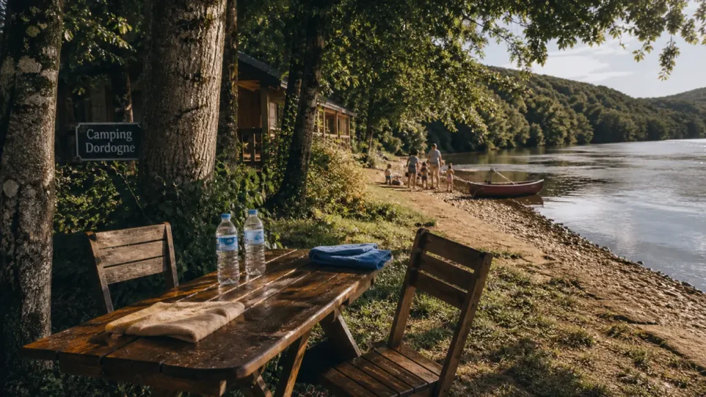 Camping les chalets sur la dordogne à Girac : table et chaises au bord de la Dordogne