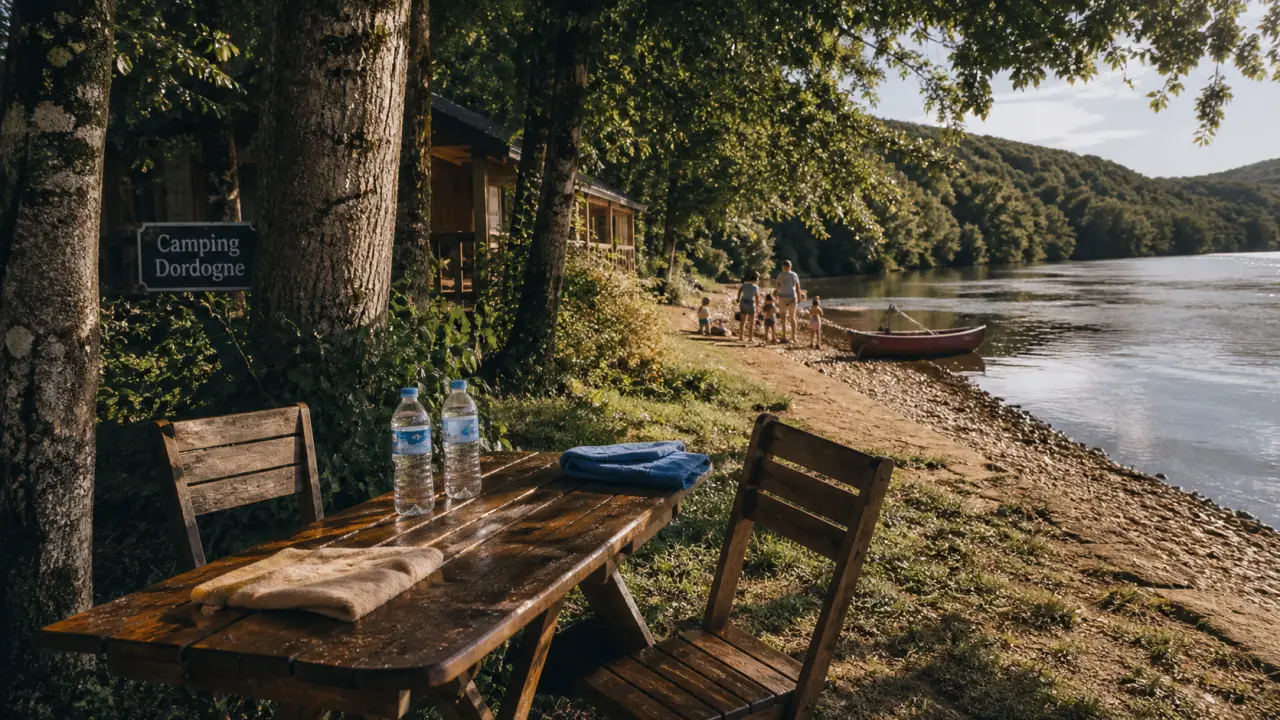 Camping les chalets sur la dordogne à Girac : table et chaises au bord de la Dordogne