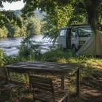 Camping nature dordogne : emplacement ombragé près de la rivière, tente et table bois