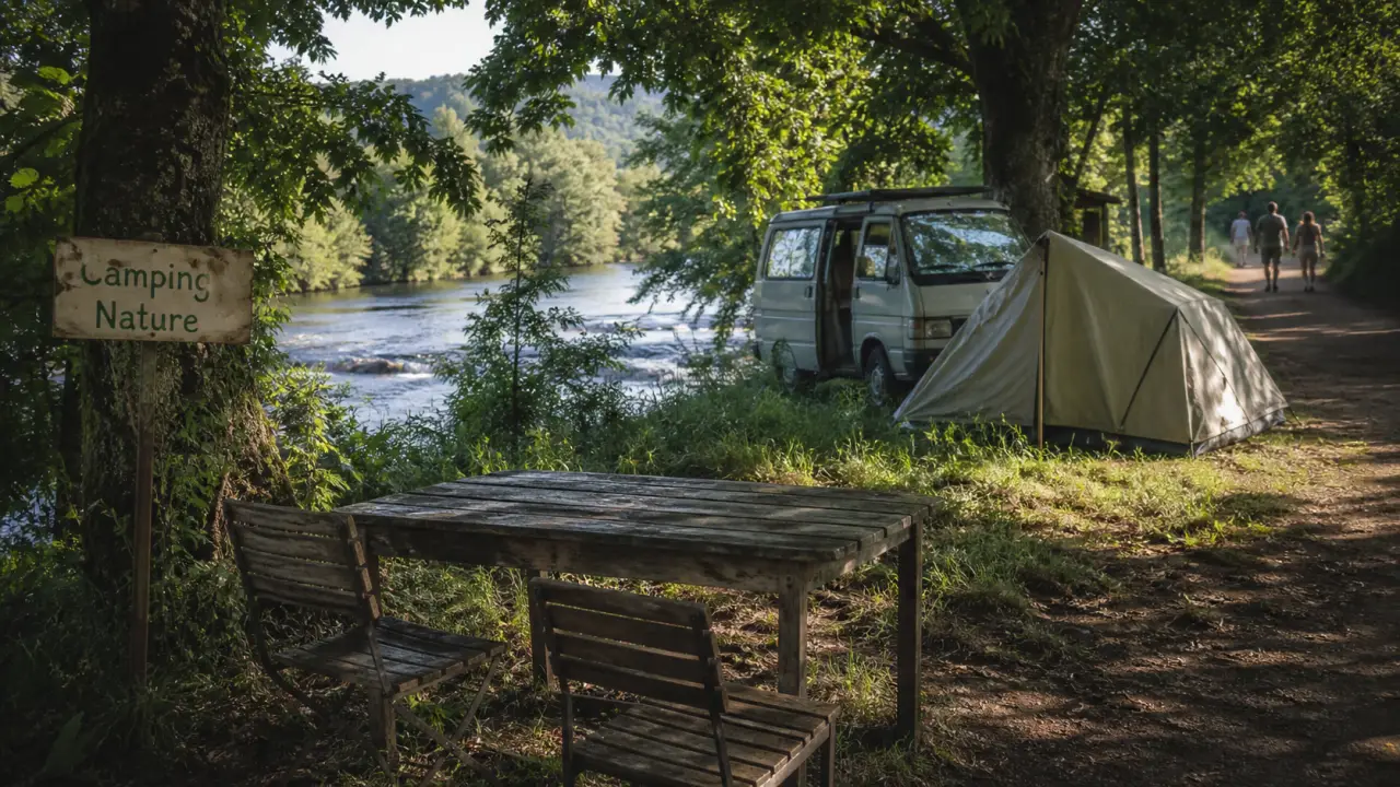 Camping nature dordogne : emplacement ombragé près de la rivière, tente et table bois