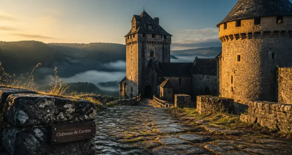 Cour de châteaux du moyen âge en Corrèze, donjon et tour en granit à l’aube