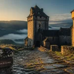 Cour de châteaux du moyen âge en Corrèze, donjon et tour en granit à l’aube