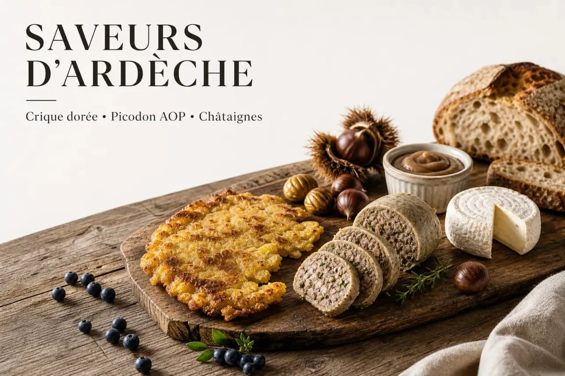 Spécialité Ardèche : assortiment de crique ardéchoise, caillette, picodon et châtaignes sur table rustique