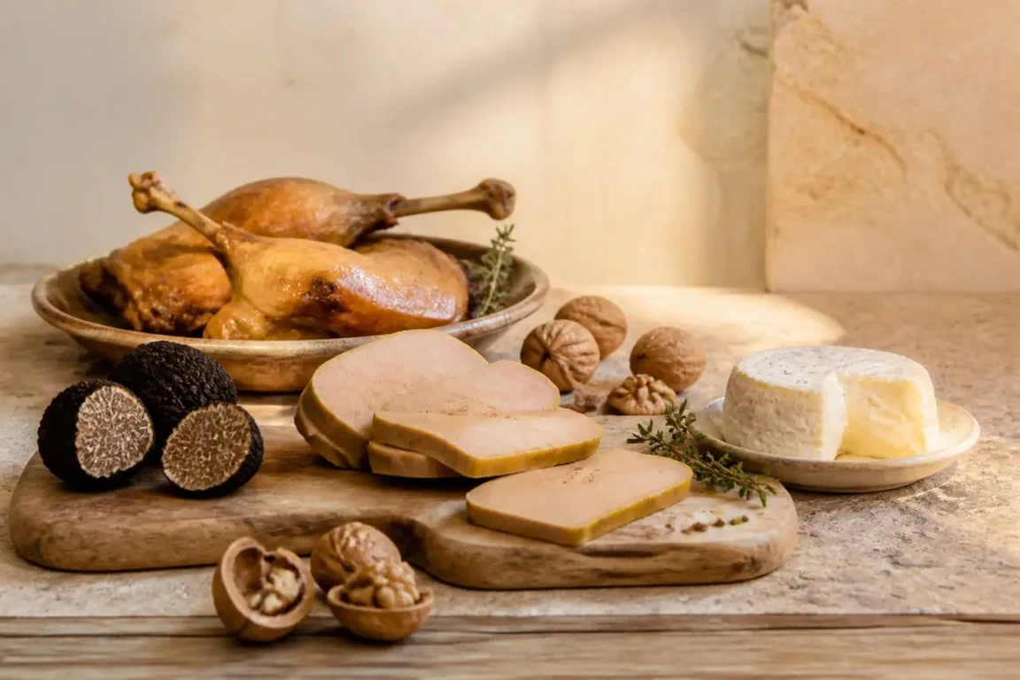 Spécialité périgord : foie gras, truffe noire, confit de canard, noix et cabécou sur une table rustique