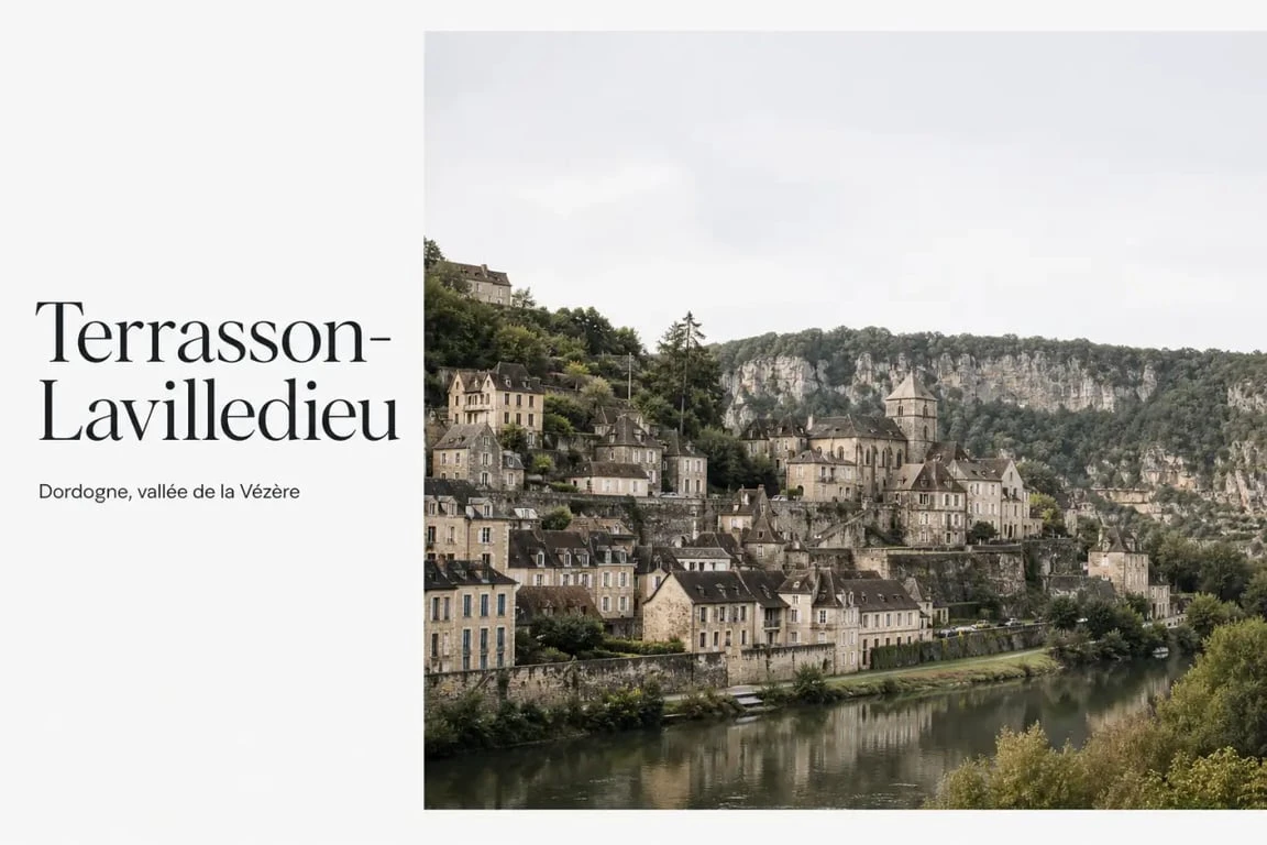 Panorama de Terrasson-Lavilledieu en Dordogne avec la ville ancienne et la Vézère