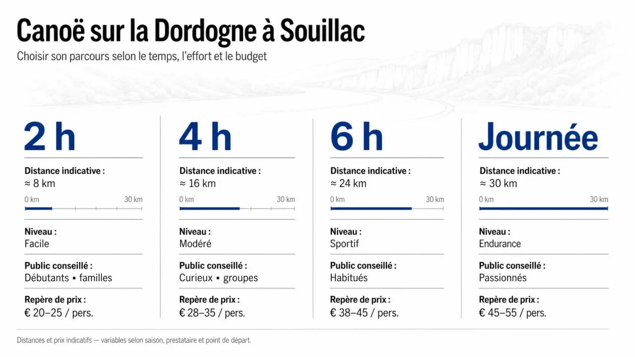 Comparatif canoë dordogne souillac des parcours 2h, 4h, 6h et journée