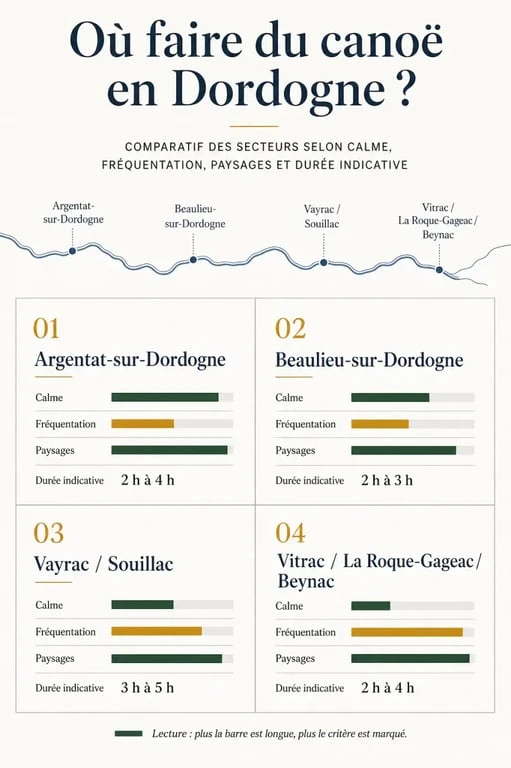 Ou faire du canoë en Dordogne : comparaison visuelle des secteurs Argentat, Vayrac, Vitrac et Beynac