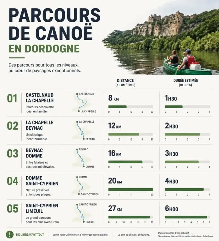 Comparatif des parcours de canoë en Dordogne
