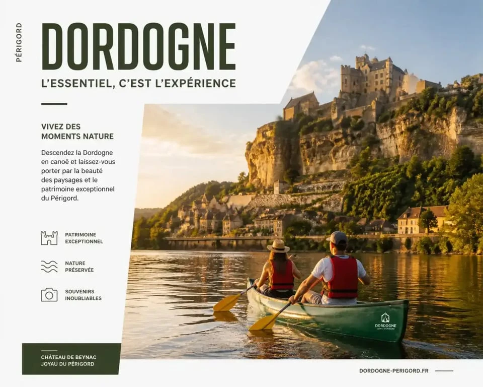 Canoë sur la Dordogne au pied du château de Beynac pour un séjour camping