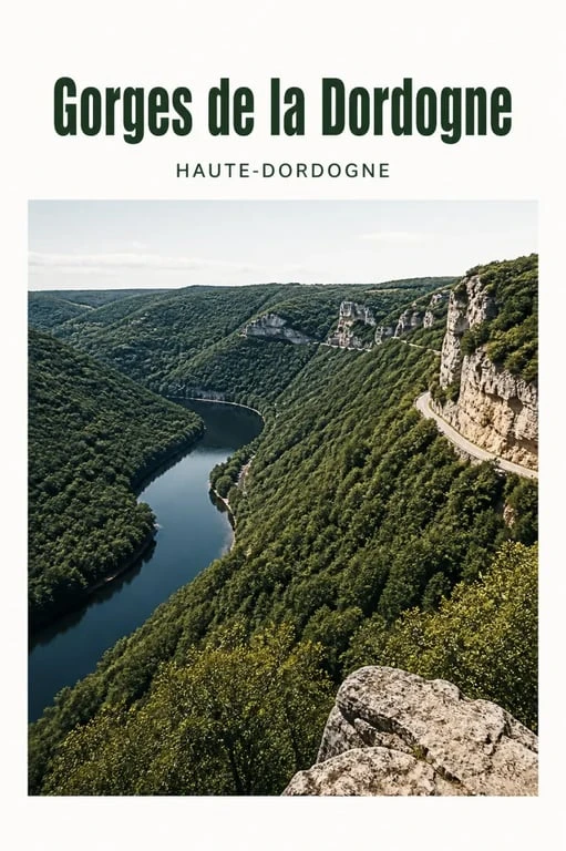 Panorama des gorges de la Dordogne avec vallée encaissée, lac de retenue et belvédère