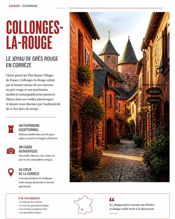 Ruelle médiévale en grès rouge à Collonges-la-Rouge, hôtel de charme en Corrèze