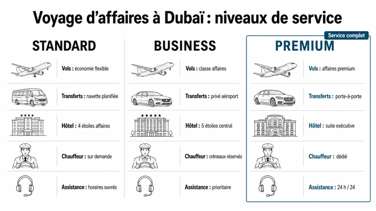 Organiser un voyage d'affaires mémorable à Dubaï en 2024 : comparaison standard, business et premium