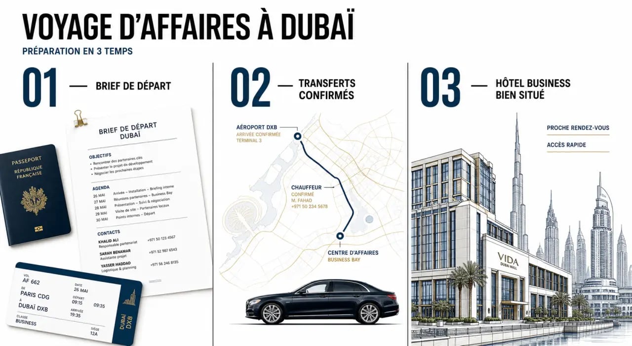 Organiser un voyage d'affaires mémorable à Dubaï en 2024 avec un visuel de préparation logistique et hôtel business