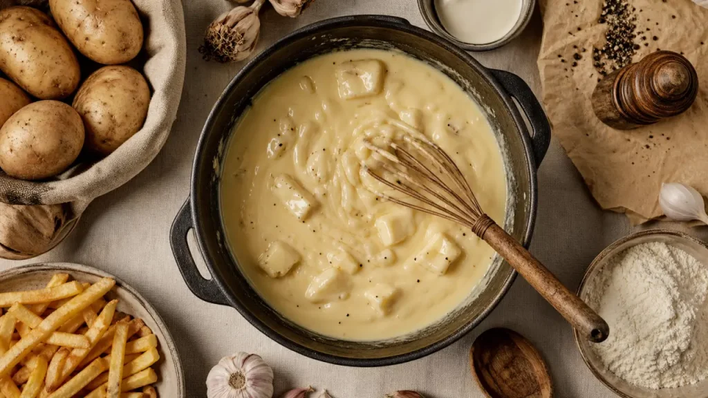 Fondue creusoise, caquelon en grès et fromage fondu nappant