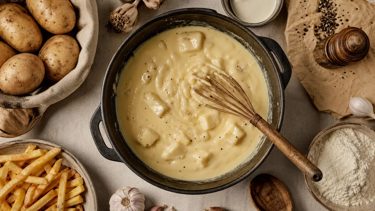 Fondue creusoise, caquelon en grès et fromage fondu nappant
