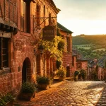 Hotel à Collonge la Rouge : ruelle médiévale à Collonges-la-Rouge au golden hour