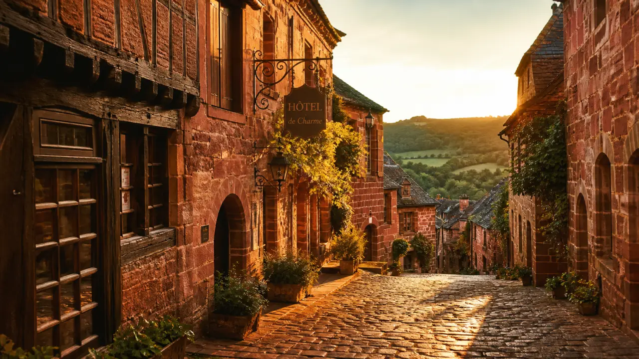 Hotel à Collonge la Rouge : ruelle médiévale à Collonges-la-Rouge au golden hour