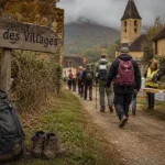 La ronde des villages périgord : panneau, randonneurs et villages du Périgord