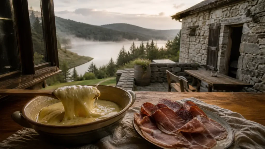 Le buron de Born : aligot et charcuterie, vue sur le lac de Born