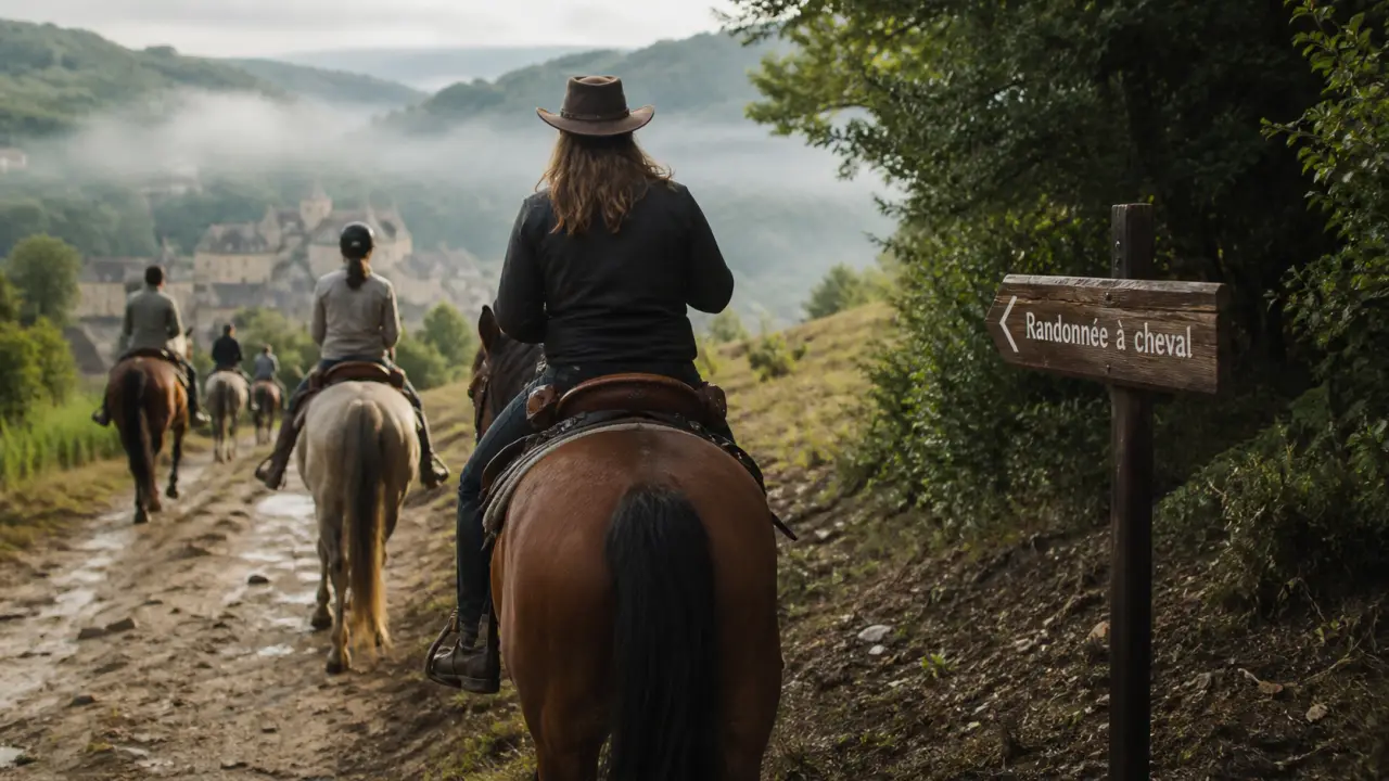 Randonnée équestre périgord : cavaliers sur sentier calcaire, vallée et châteaux