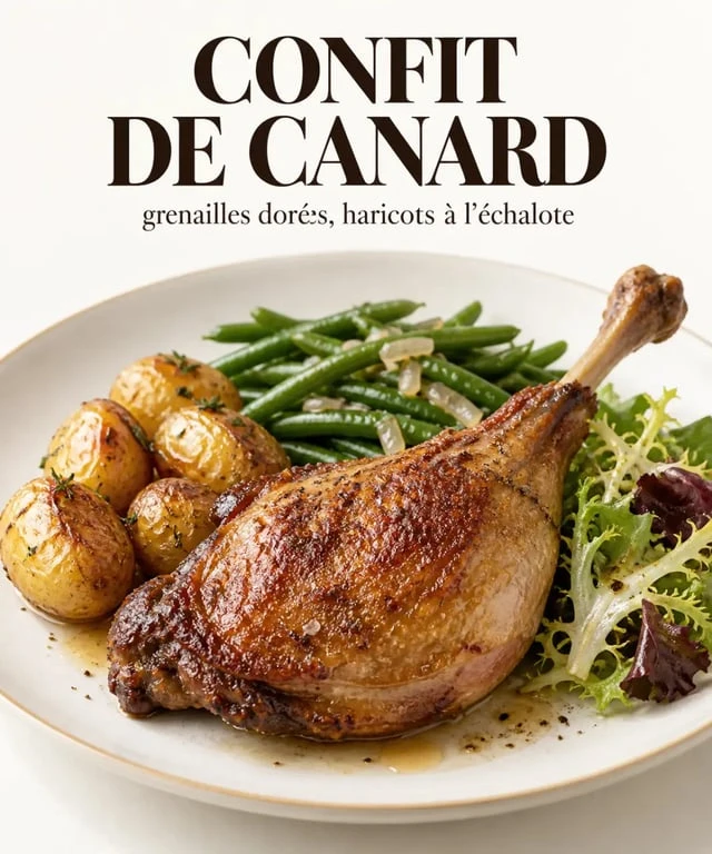 Confit de canard accompagnements avec pommes de terre grenailles, haricots verts et salade vinaigrée