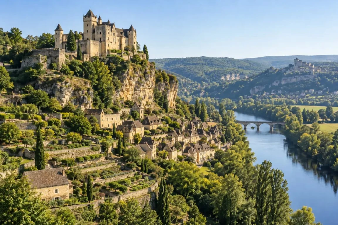 Château médiéval dominant la vallée de la Dordogne dans le Périgord noir