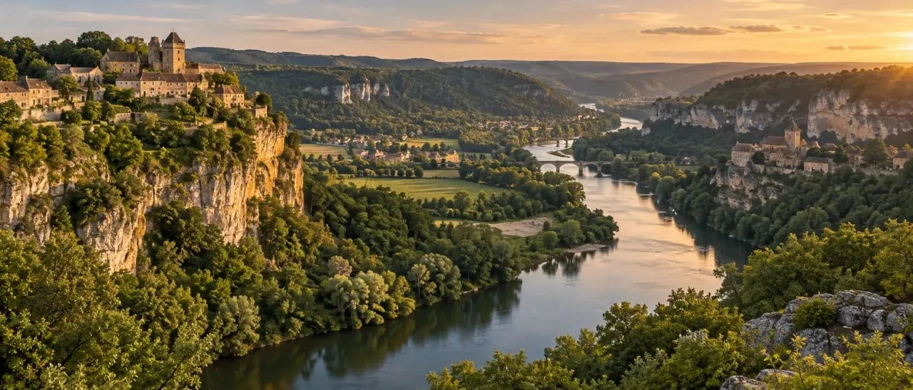 Paysage emblématique de la vallée de la Dordogne entre rivière, falaises et villages médiévaux
