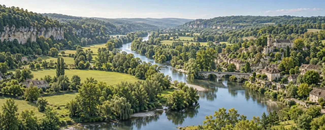 Paysage du dordogne périgord vert avec rivière, forêts et villages
