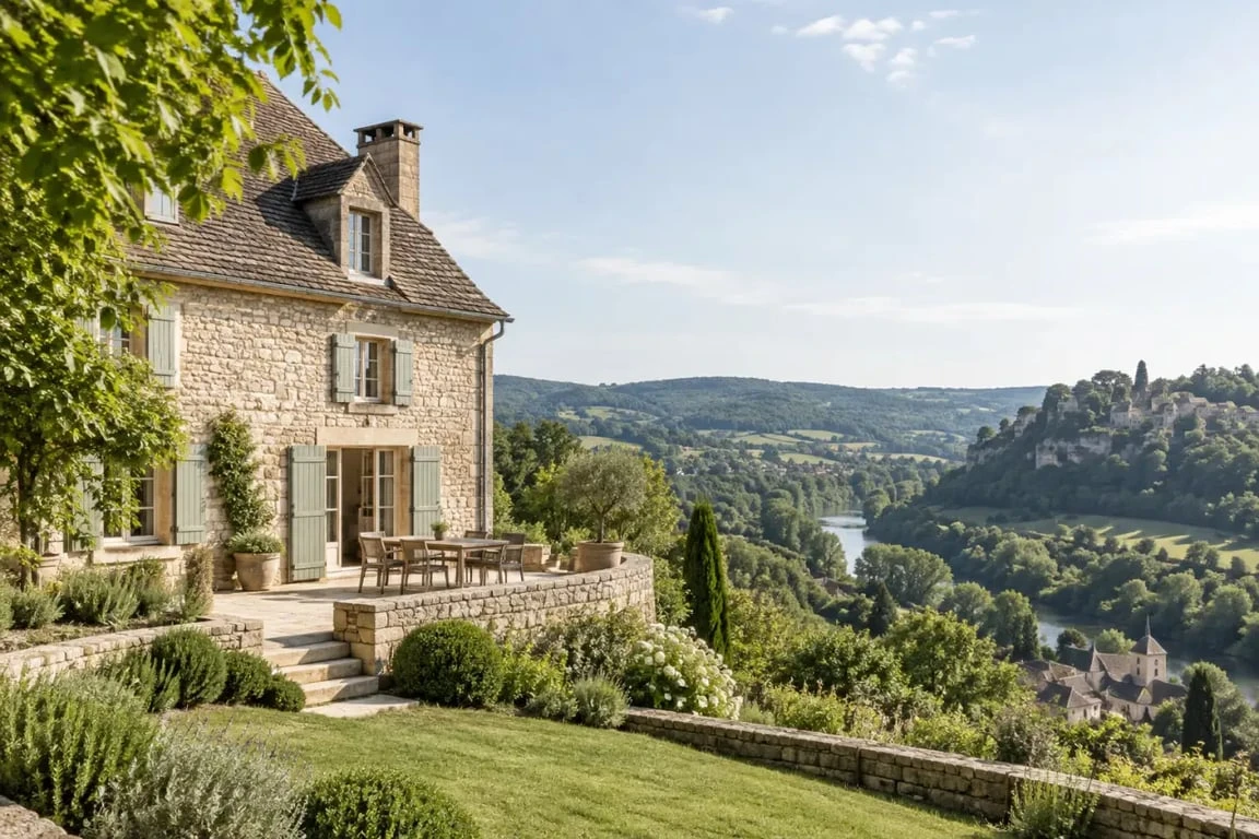 Gîtes Corrèze : maison rurale en pierre dans un paysage vallonné