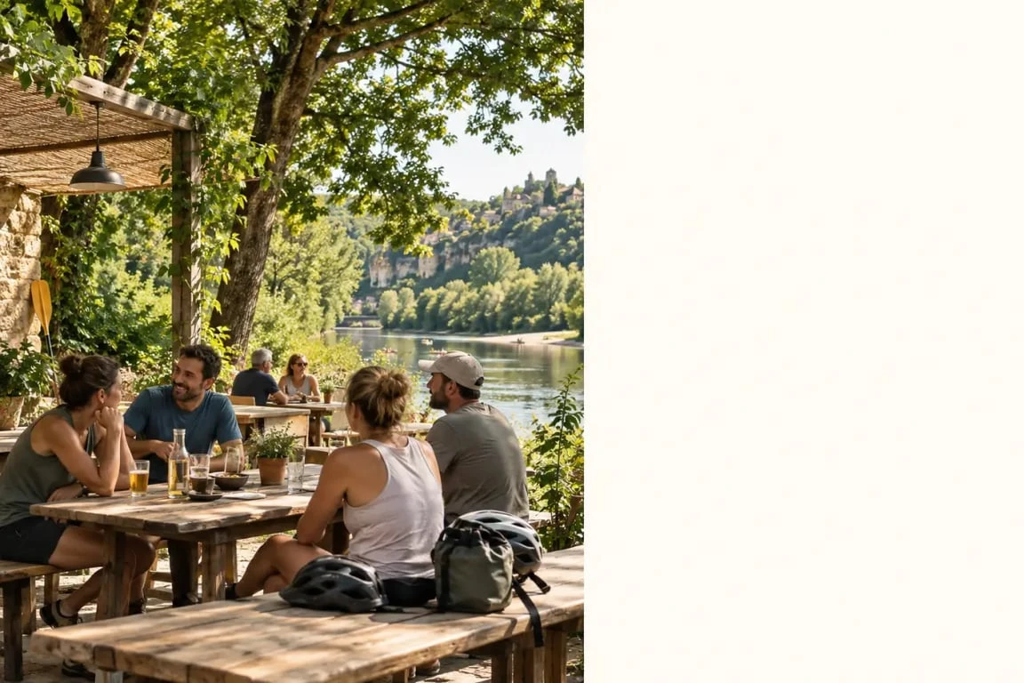 Le Chalet à Vitrac, terrasse ombragée au bord de la Dordogne dans le Périgord Noir