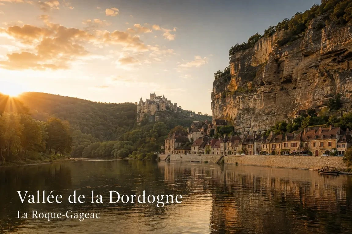 Visite en Dordogne : panorama de La Roque-Gageac au bord de la Dordogne