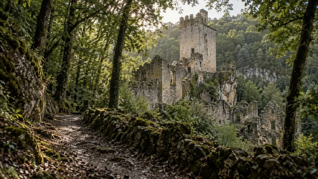 Château de Dordogne confidentiel : ruines de Commarque dans la forêt